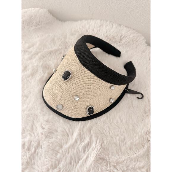 Renato Balestra Embellished Pearl Beaded Sun Visor‎ Hat Natural Straw - Picture 1 of 6